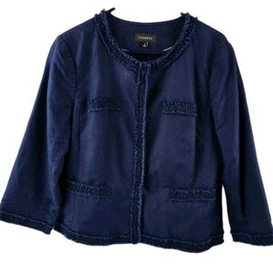 Talbots Fringe Trim Linen Cotton Jacket Lined 3/4 Sleeve Size 14 Navy Blue